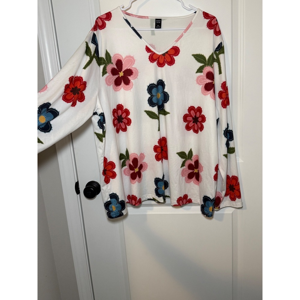 Emery Rose White Floral V-Neck Long Sleeve Top Plus Size 4XL Boho Casual Tee - Picture 3 of 6
